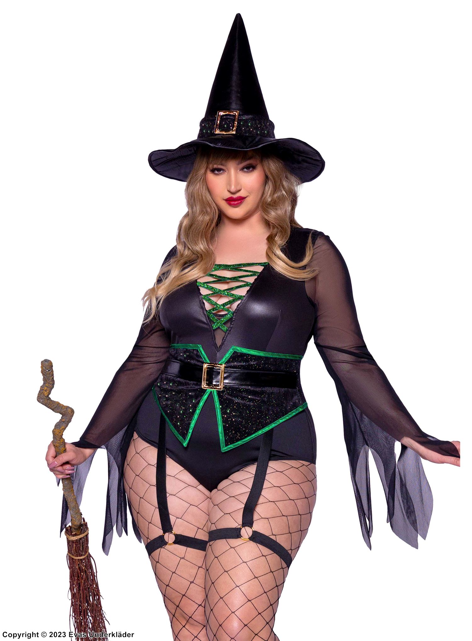 Witch, teddy costume, crossing straps, tattered sleeves, plus size